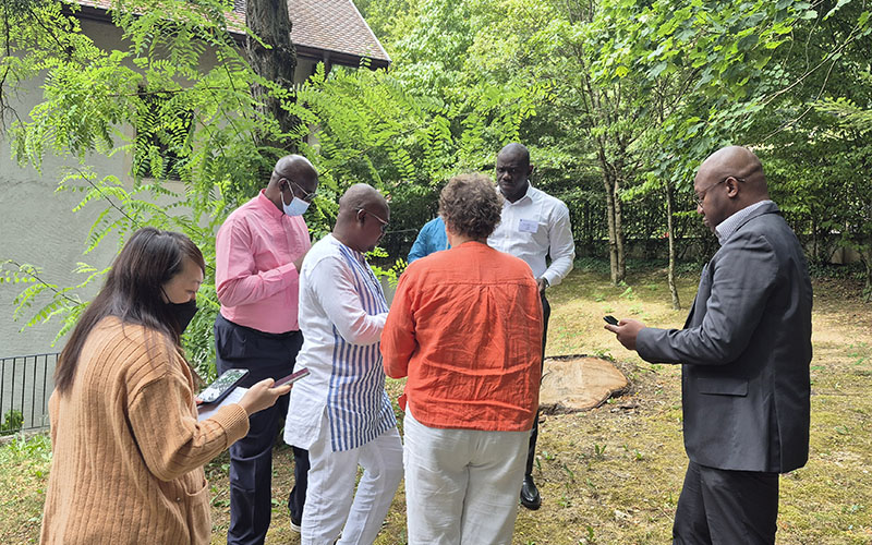 Dans un parc arboré, un groupe de personnes sont en cercle et travaillent sur des téléphones.